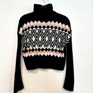 SO Turtleneck Sweater Cropped Fair Isle Black MultiColor Long Sleeve EUC Size XS